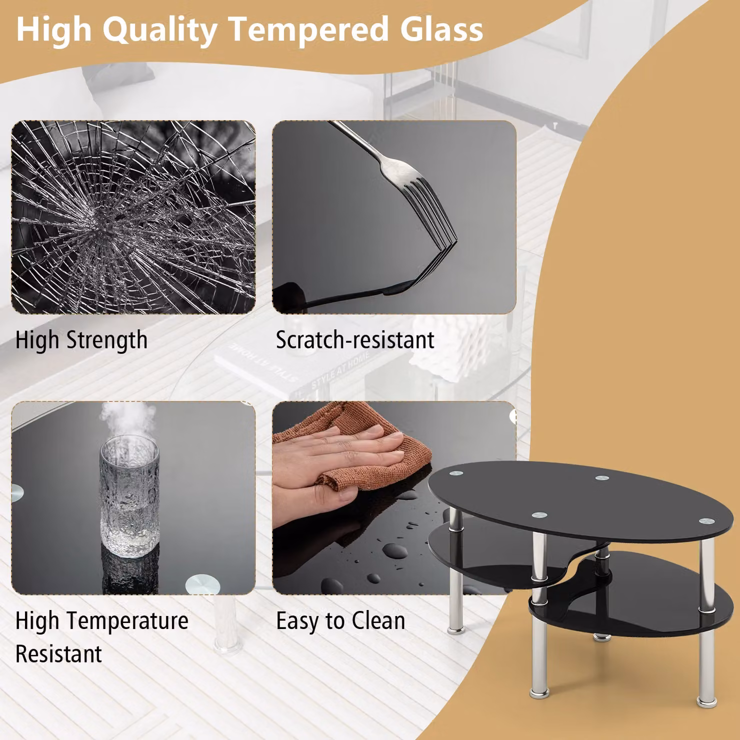 Costway Modern Oval 3-Tier Glass Coffee Table and Side Table in Black – 3