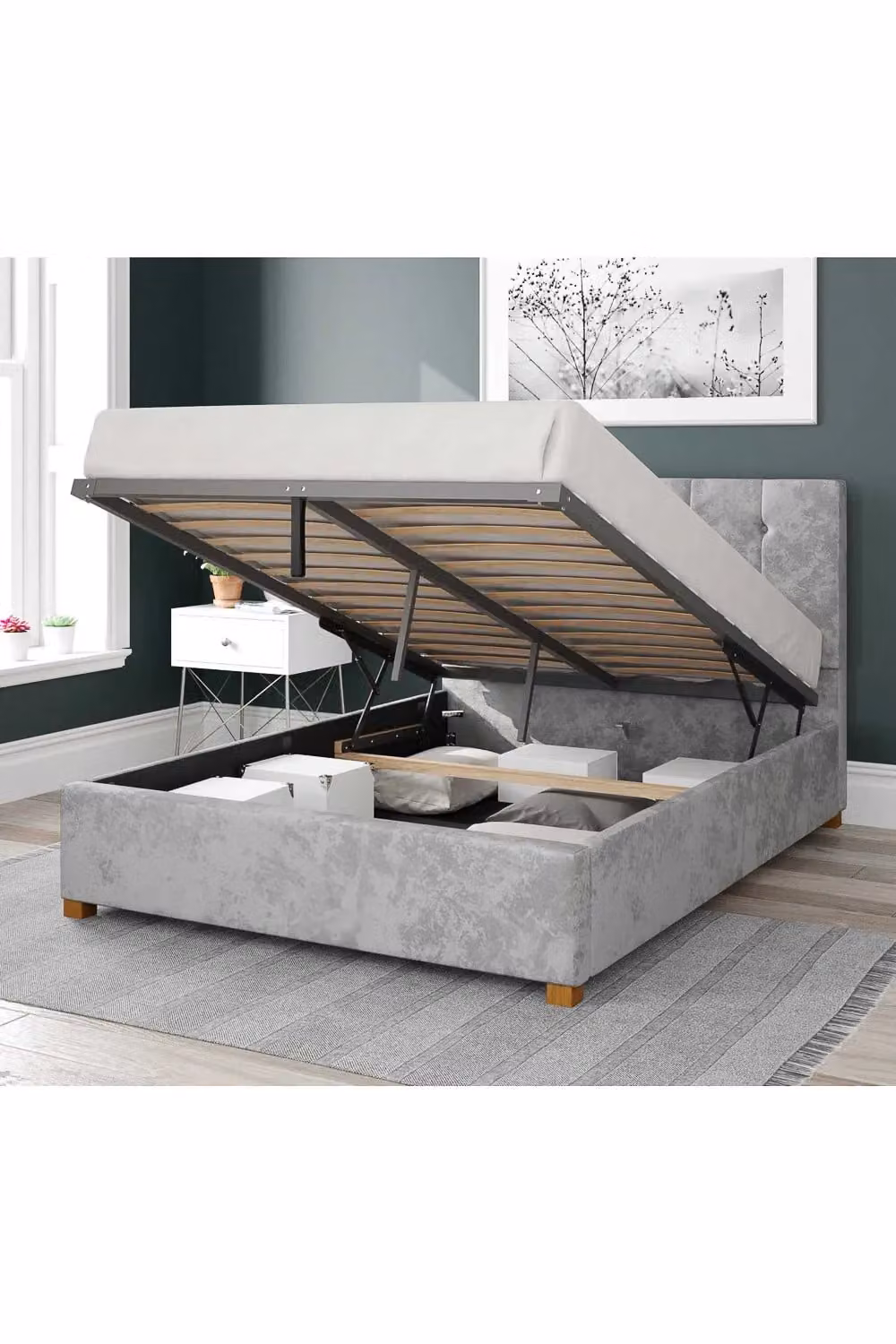 Aspire Hepburn Upholstered Ottoman Storage Bed in Silver Velvet Fabric, W/D/H: 140 x 200 cm – 2