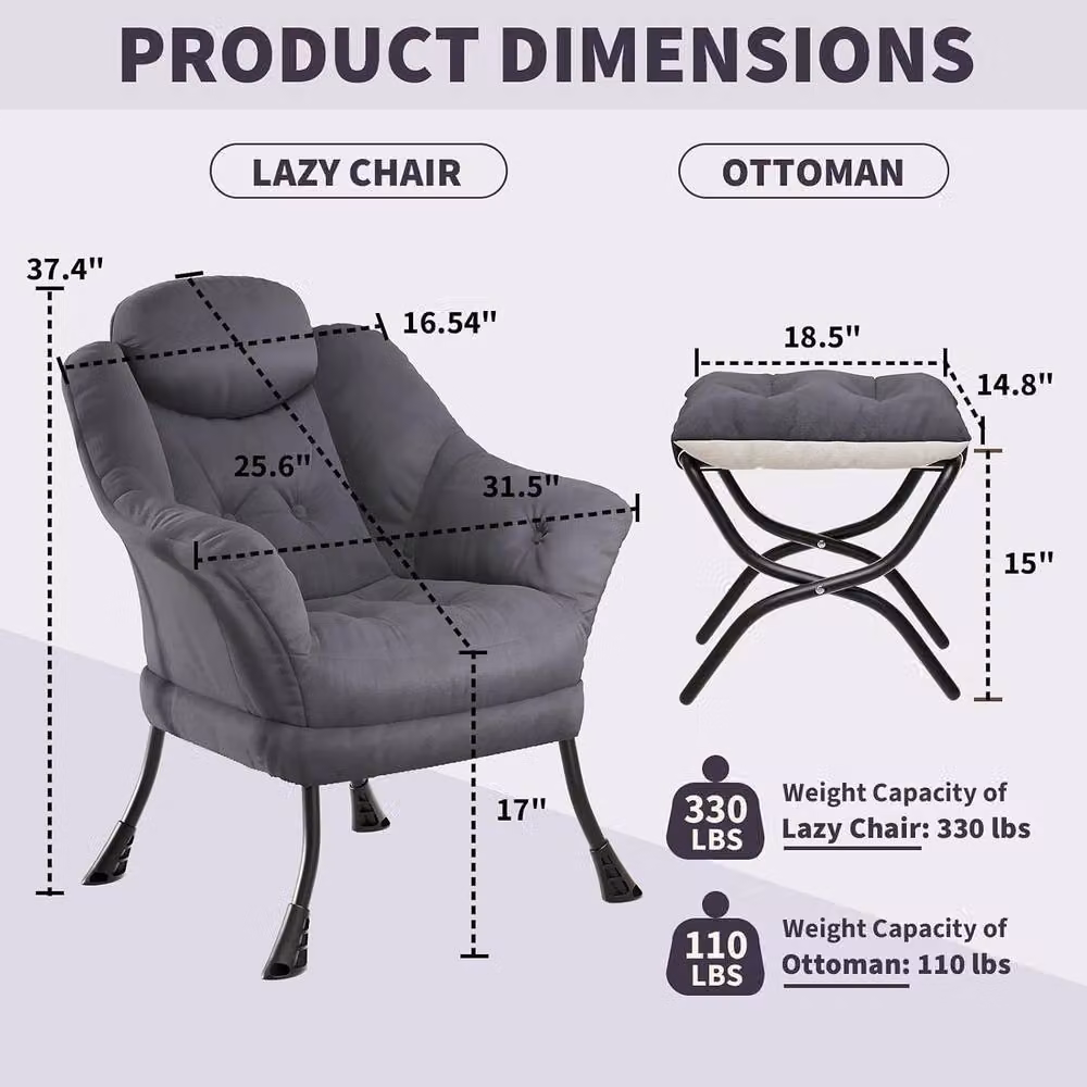 London Boutique Modern Grey Fabric Lounge Chair Set with Ottoman and Side Pocket – 3