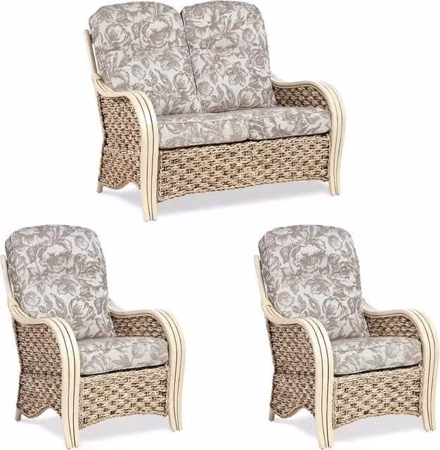 Desser Milan Conservatory Rattan 2 Seater Sofa and Chairs Set in Grey and Beige with Floral Pattern
