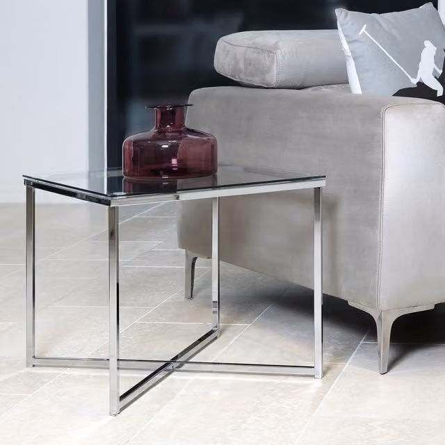 Furniture To Go Modern Square Metal Side Table with Transparent Glass Top in Silver