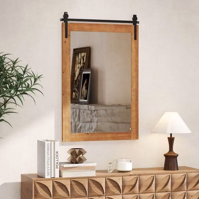 Gymax Rustic Farmhouse Rectangular Wall Mirror with Wood Frame and Metal Bracket, Brown, W: 61 cm, H: 91 cm