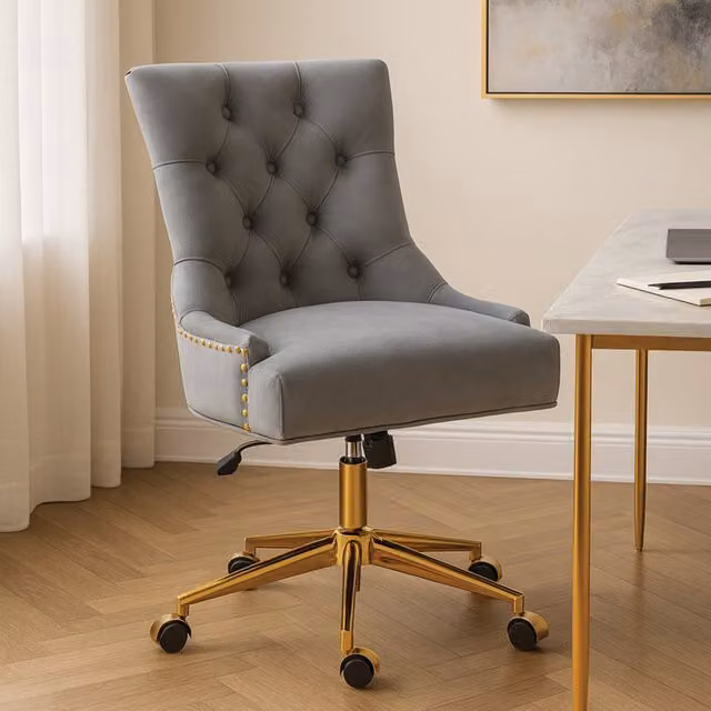 Orsina Grey Velvet Swivel Task Chair with Gold Metal Base – 1