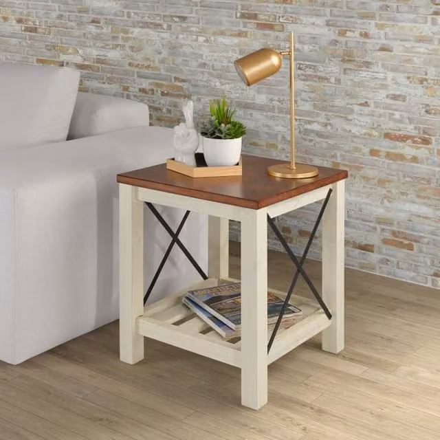 Mercers Furniture Rustic Solid Pine Cottage Lamp Table in White and Brown, W/D/H: 50 x 50 x 60 cm