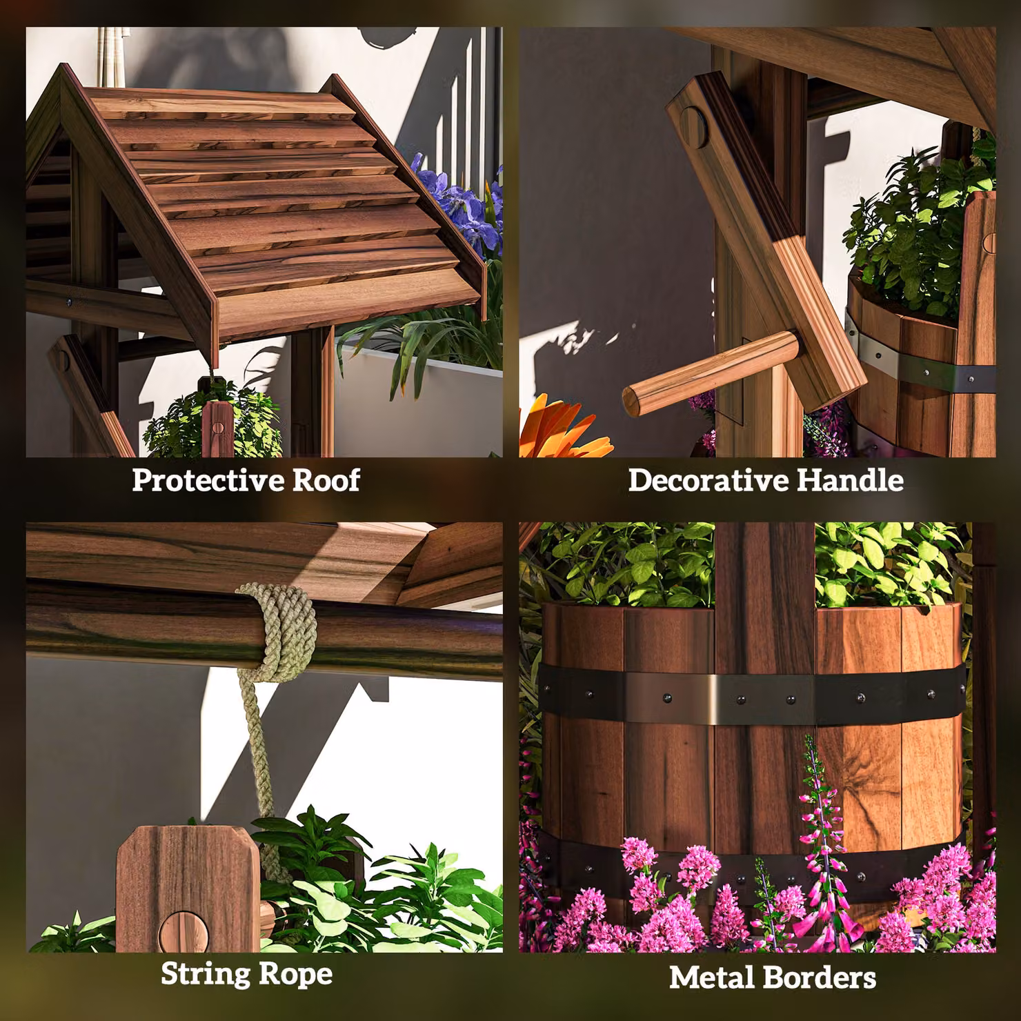 Outsunny Carbonised Wood Wishing Well Planter with Hanging Bucket in Brown – 7
