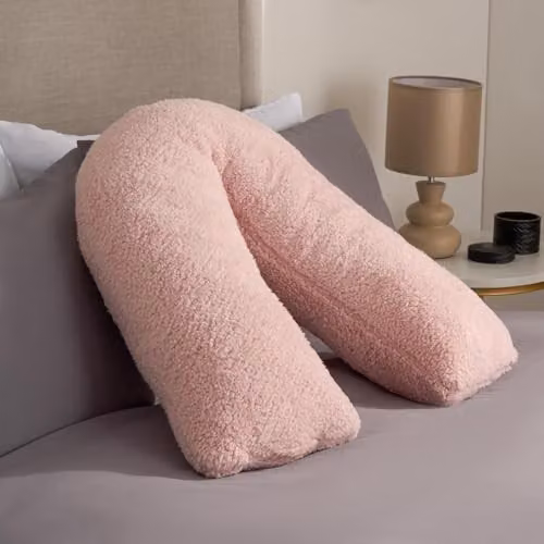 OHS Teddy Fleece V Shaped Pregnancy Pillow in Pink, W/D/H: 68 x 45 x 18 cm