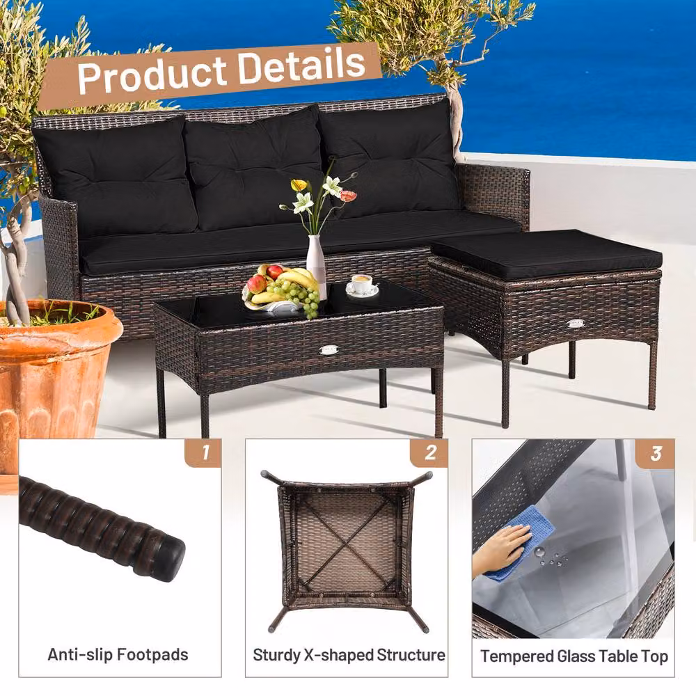 Costway 3 Piece Outdoor PE Rattan Patio Conversation Set in Black with Upholstered Cushions, 3 Seater Sofa, Coffee Table and Ottoman – 10