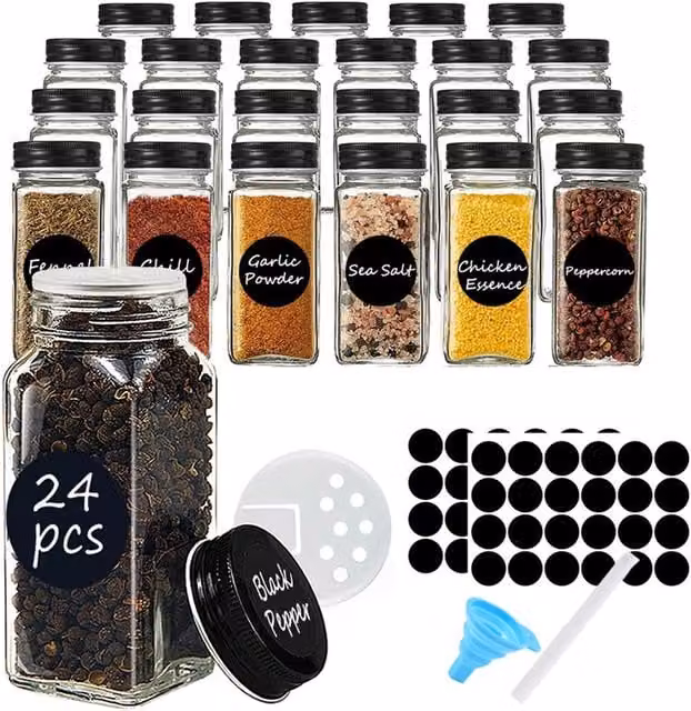Livingandhome Set of 24 Transparent Glass Spice Jars with Airtight Metal Lids