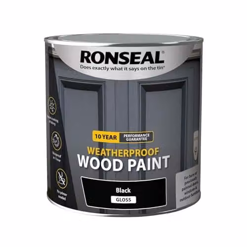 Ronseal 10 Year Weatherproof 2 in 1 Opaque Wood Paint in Black Gloss, 2.5 l – 3