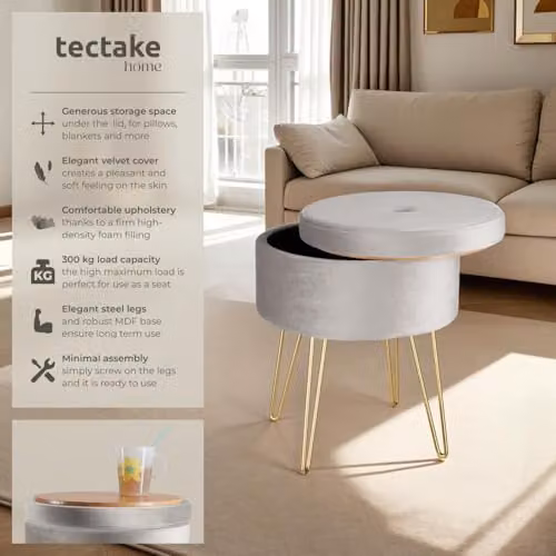 tectake Ava Round Velvet Stool with Storage Compartment in Grey and Gold – 2