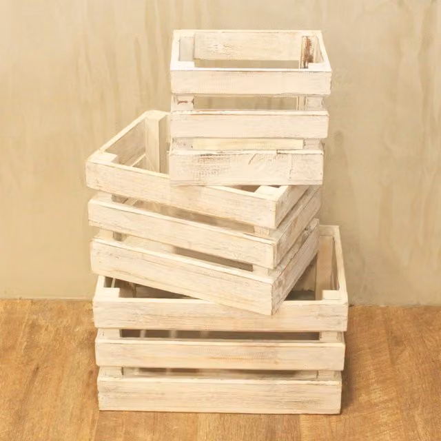 KDMK Set of Three White Wooden Rectangular Fruit Boxes for Tabletop Display