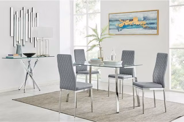 FurnitureboxUK Cosmo Chrome Metal and Glass Kitchen Dining Table with 4 Milan Dining Chairs in Grey