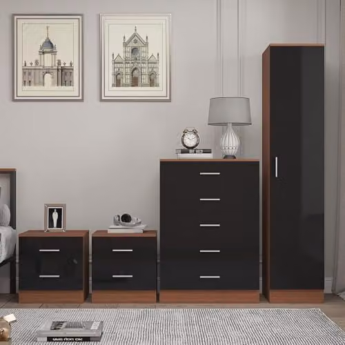 Reflect Modern Bedroom Furniture Set in Black Gloss and Walnut Finish featuring 1 Door Wardrobe, 5 Drawer Chest and 2 Bedside Tables – 2