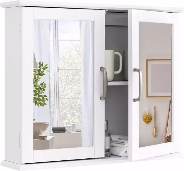 Costway White Wall Mounted Wooden Bathroom Mirror Cabinet with Hinged Glass Doors – 1