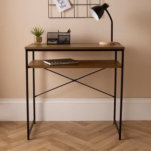 OHS Brown Wooden Industrial Writing Desk with X-Frame Design