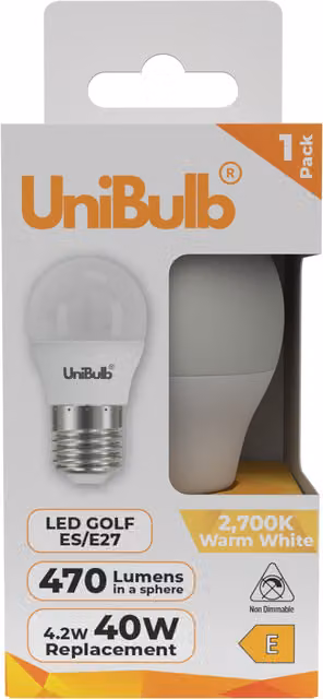 UniBulb LED Golf Ball E27 Light Bulb, 940lm, 2700K, Warm White