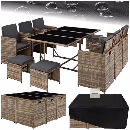 tectake Polyrattan Garden Furniture Set in Nature with Steel Base, Including 1 Table, 6 Dining Chairs and 4 Stools for Up to 10 People – 1