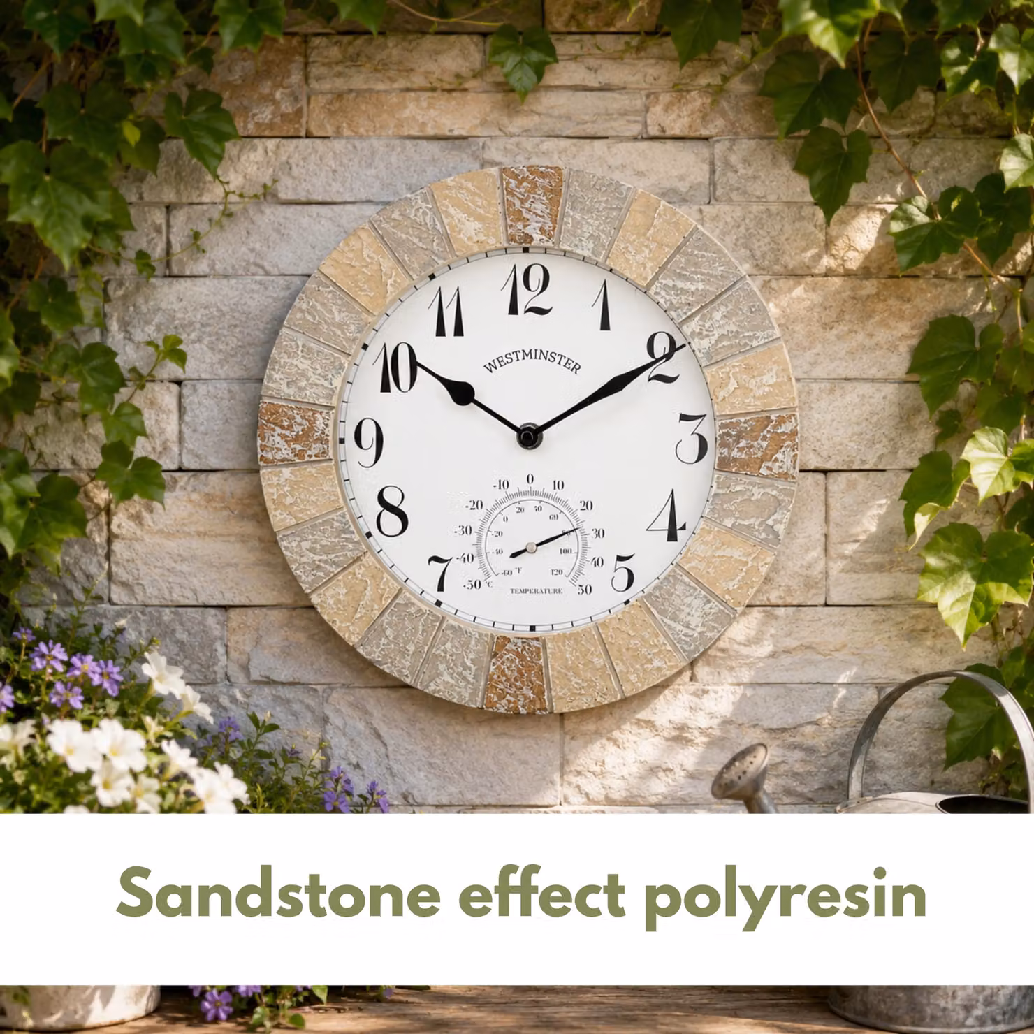 Marco Paul Westminster Stone Slates Round Analog Garden Clock and Thermometer, Diameter: 26 cm – 4