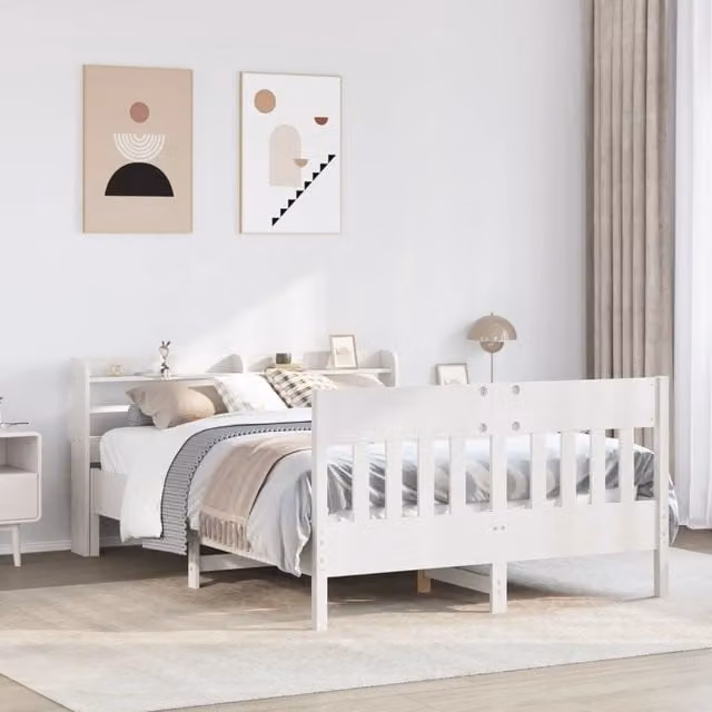 Berkfield Home White Solid Wood Pine Bed Frame with Side Compartments W/D/H: 160 x 200 cm