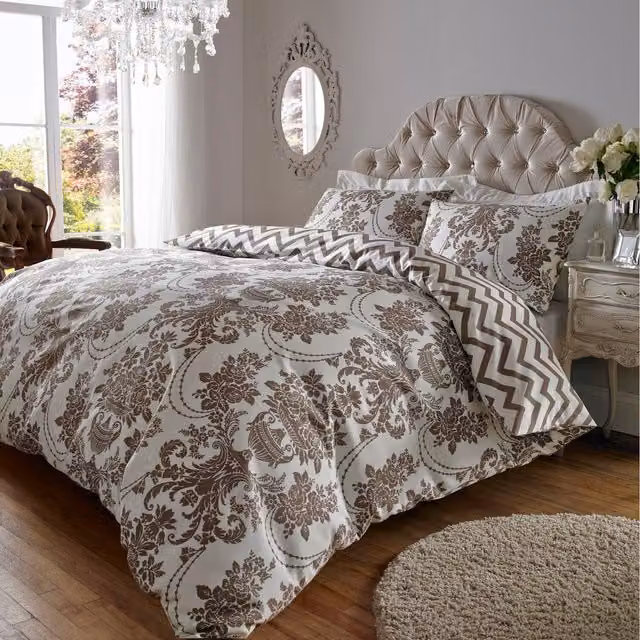 Roseley Reversible Damask Floral Duvet Cover Set, Brown, 180 x 200 cm