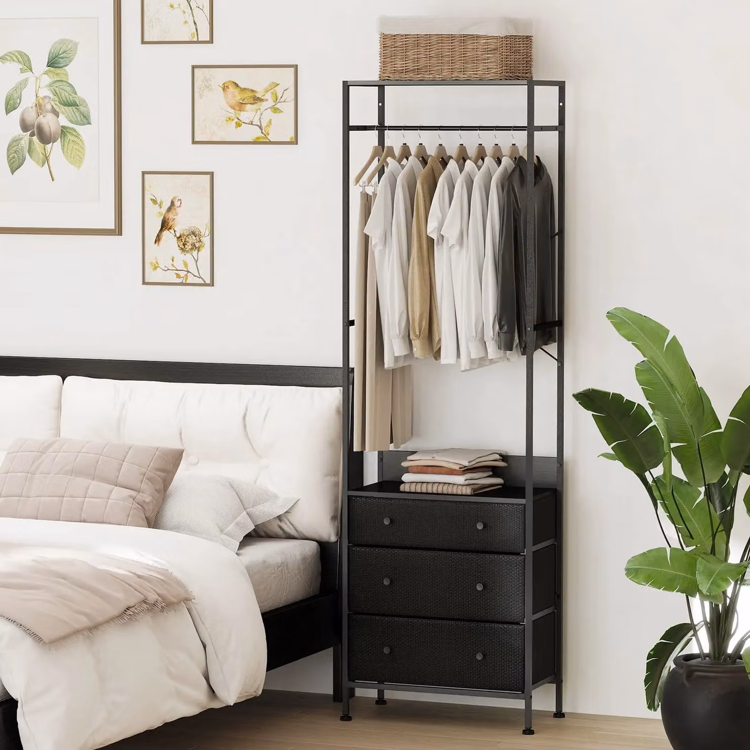 Gymax Freestanding Clothes Rack Closet Organiser with Drawers in Matt Black – 5