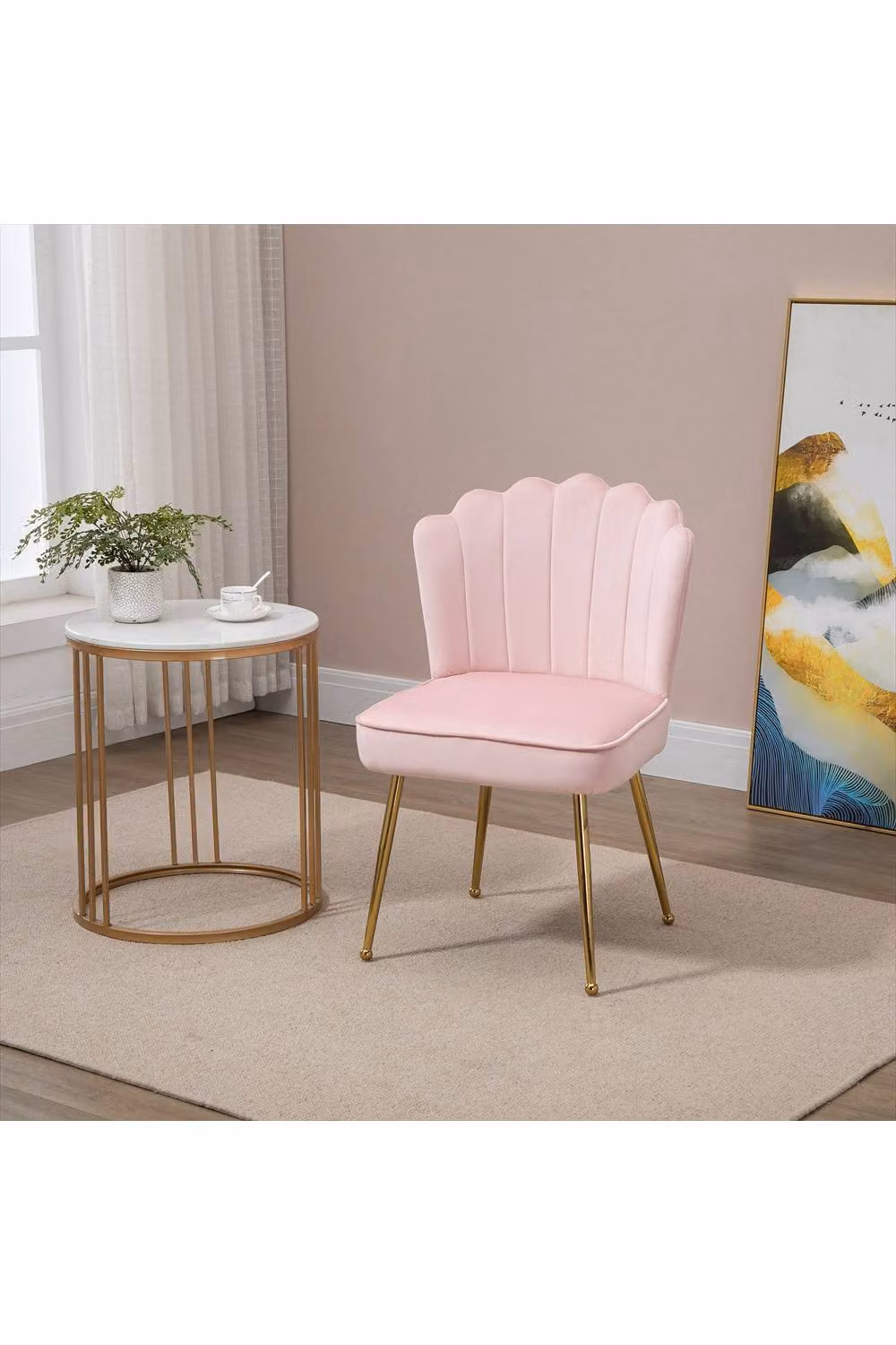 ERGOVEXA Pink Velvet-Feel Shell Accent Chair with Gold Metal Frame, W: 57.0 cm, D: 58.0 cm, H: 88.0 cm – 2