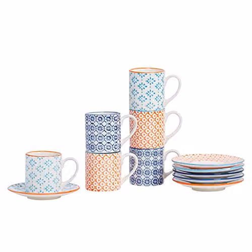 Nicola Spring 12 Piece Hand Printed Porcelain Espresso Cup and Saucer Set, 65ml, Blue, Orange and Multicolour – 1