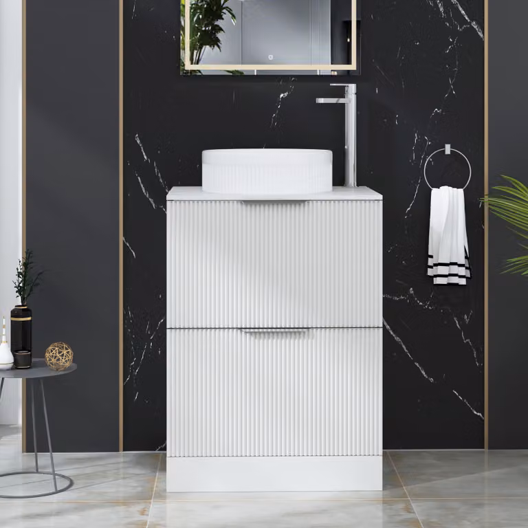 Royal Bathrooms Evora Matt White Fluted Floor Standing Countertop Vanity Unit with 2 Drawers and Round Basin