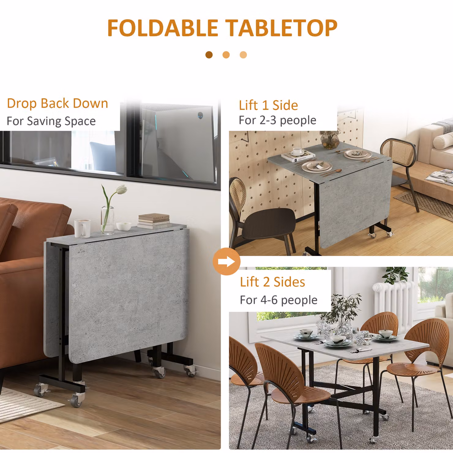 HOMCOM Grey Drop Leaf Dining Table with Folding Top and Metal Frame – 3