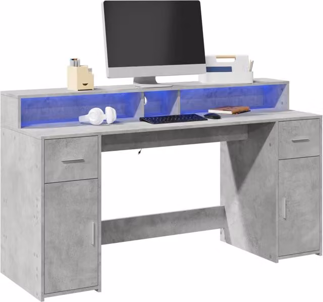 Berkfield Home Gaming Desk with LED Lights in Concrete Grey, W/D/H: 160 x 55 x 91 cm
