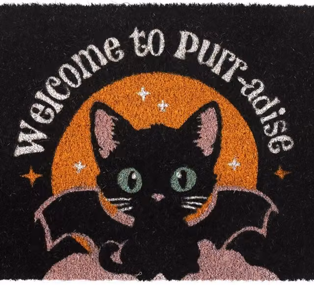 KDMK Black Cat and Bat Halloween Welcome Doormat, Black and Orange