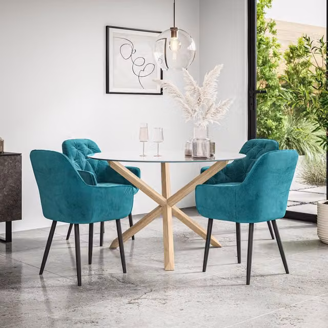 More4Homes Malvern Round Dining Table and Anika Blue Velvet Chair Set, featuring a Clear Glass Top and Solid Oak Legs, Diameter: 120 cm, Height: 75 cm