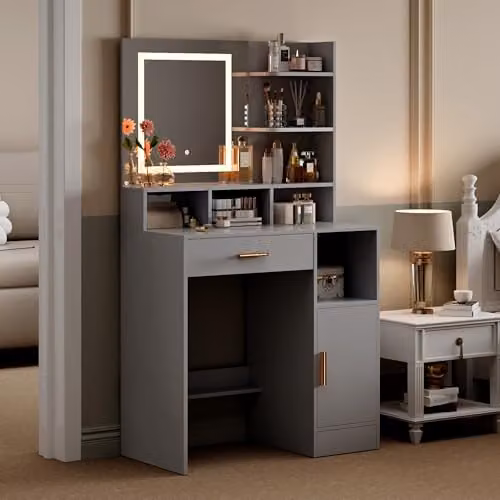 MCC Direct Truro Dressing Table with Hollywood LED Mirror and Storage in Grey, W/D/H: 140 x 40 x 80 cm – 7