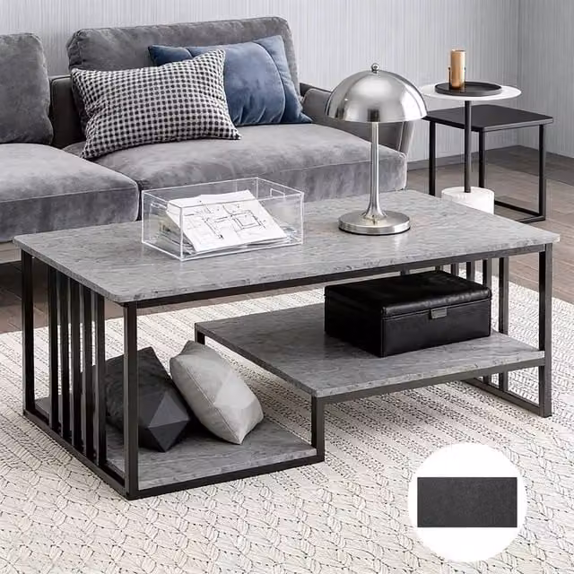 Ventryn 3-Tier Faux Marble Coffee Table with Metal Frame and Open Storage in Grey and Black, W: 120 cm, D: 60 cm – 1