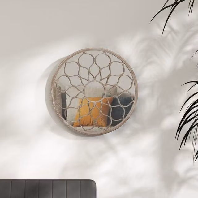 Berkfield Home Round Floral Metal Wall Mirror in Beige, W: 60 cm, D: 3 cm – 1