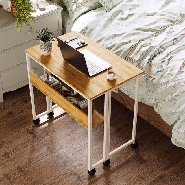 London Boutique Folding Computer Writing Table with Storage Shelf and Castors in Brown – 1