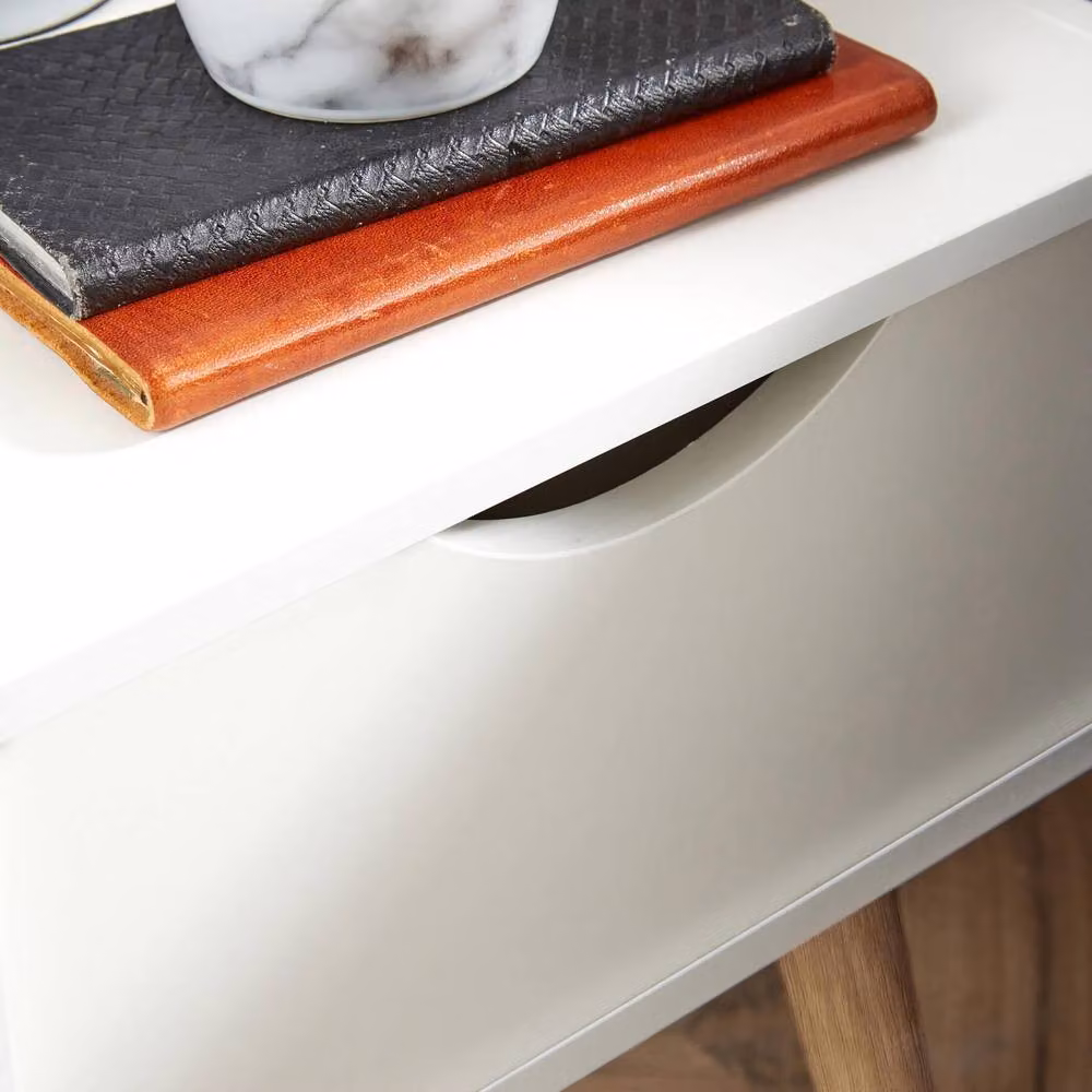 Home Source Boden White 1 Drawer Bedside Table with Scandi Style Solid Wood Legs – 3