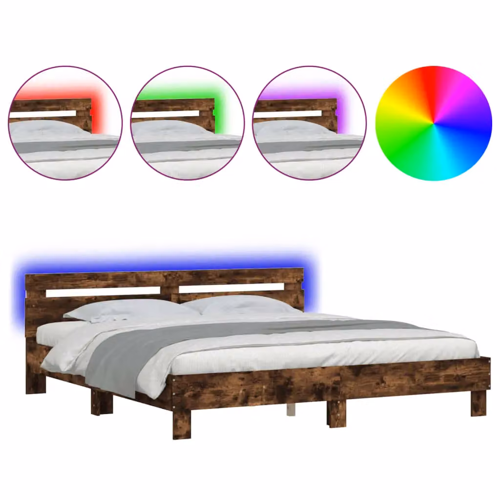 Berkfield Home Super King Bed Frame with LED Under-Bed Lighting and USB Charging Port in Smoked Oak Brown, W/D/H: 180 x 200 cm – 2