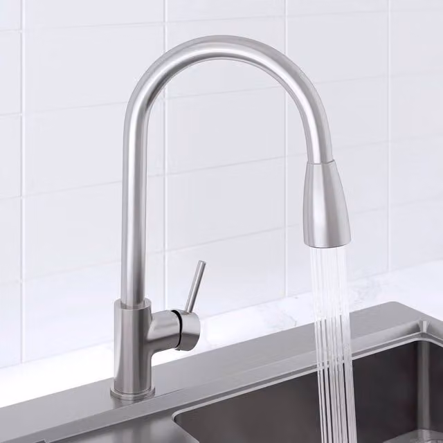 KORVIXA Silver Brushed Steel Kitchen Mono Mixer Tap with Pull Out Spout and Spray Function, H: 100 cm, W: 52 cm