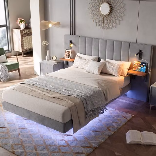 Matteo Grey Upholstered Double Bed with Integrated Reading Lights, USB Charging Port and Bedside Shelves, W: 140 cm, D: 200 cm, H: 135 cm – 1