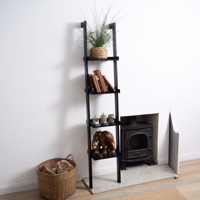 Elegant Brands Sennen 4 Tier Black Wooden Ladder Leaning Bookshelf, H 180 x W 34 x D 36.5 cm
