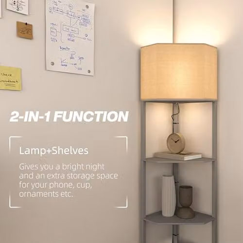 HOMCOM Modern Grey Corner Floor Lamp with Wood Shelves and Pull Chain Switch – 2