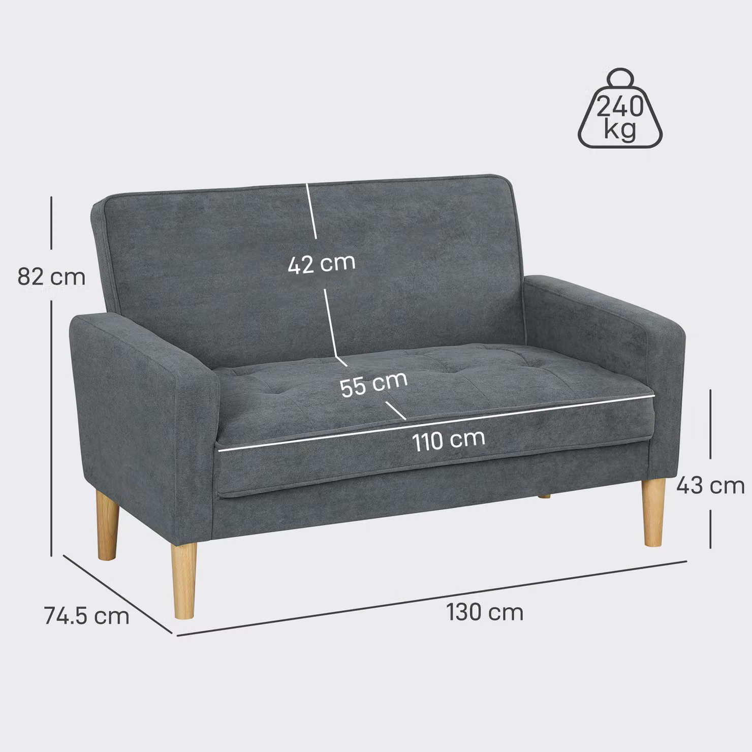 HOMCOM Two-Seater Upholstered Velvet Sofa in Grey – 3