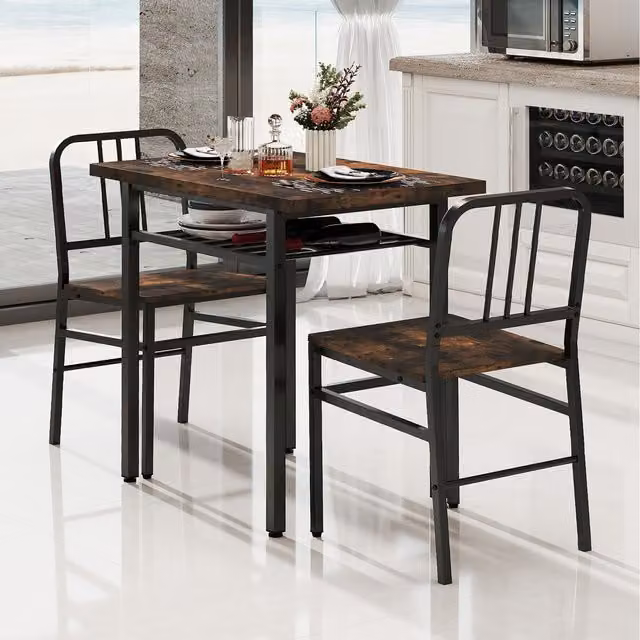 Costway Industrial Rectangular Kitchen and Dining Room Table with 2 Chairs in Brown Wood