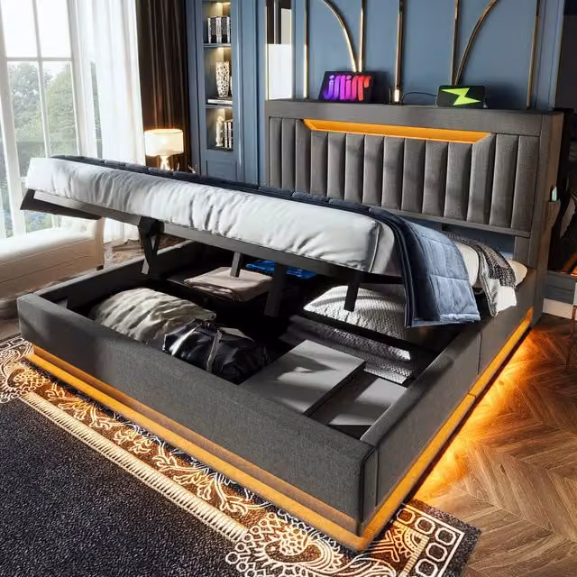 Merax Super King Upholstered Storage Bed in Grey with LED Lighting, USB Charging Port and Lift-Up Base, W/D/H: 180 x 200 cm – 1