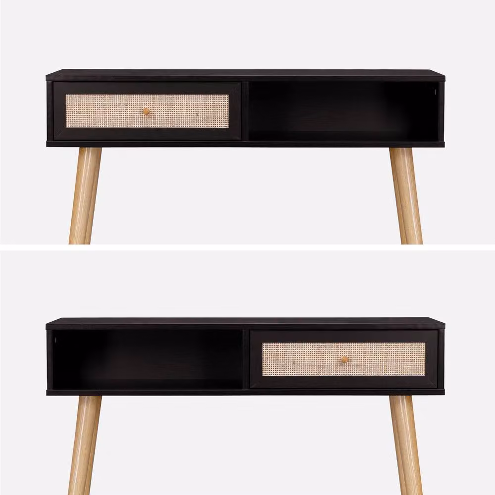 Sweekeec Vintage Wood and Cane Decor Console Table in Black, Width: 100 cm – 2