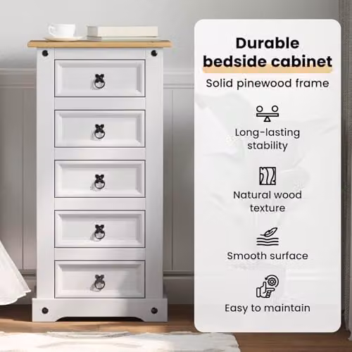 vidaXL Corona Bedside Table in White, Solid Pine Wood, W/D/H: 53 x 39 x 103 cm – 3