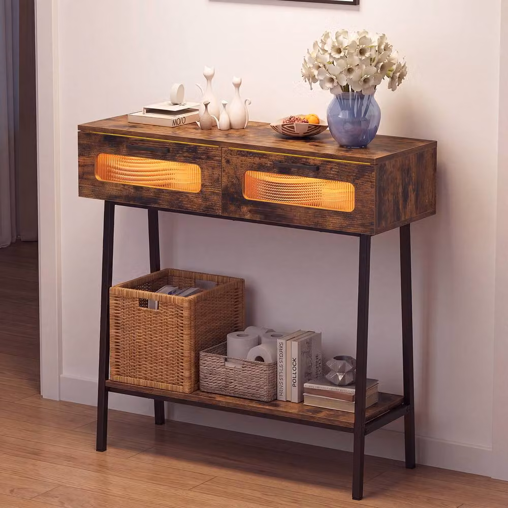 Gymax Rustic Brown Farmhouse Console Table with Colourful LED Lights – 4