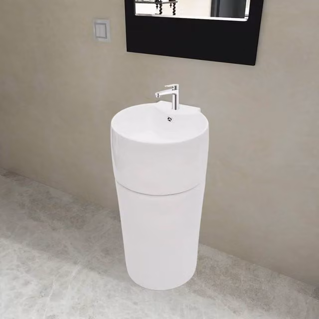 Berkfield Home White Round Ceramic Floor Standing Bathroom Sink Basin with Overflow