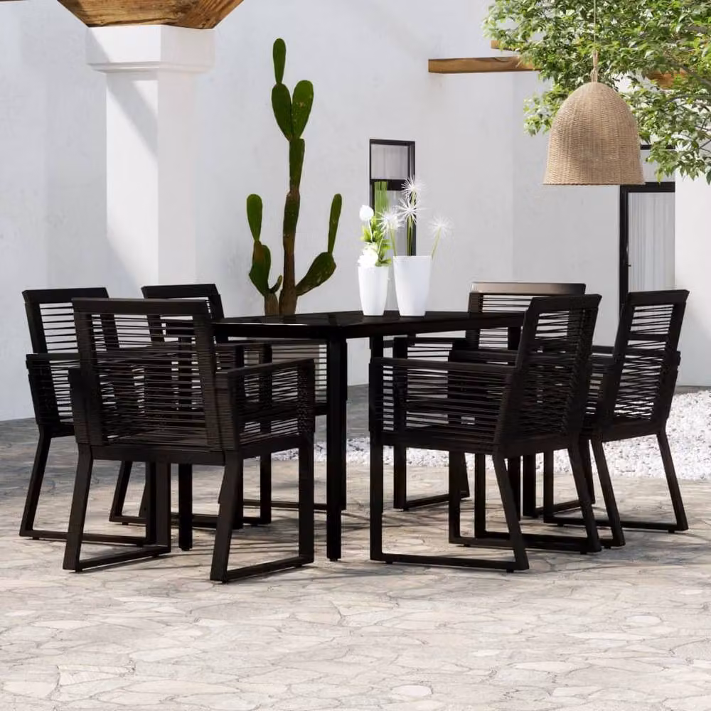Berkfield Home 7 Piece Modern Black Garden Dining Set with Metal, Glass and Rattan – 2
